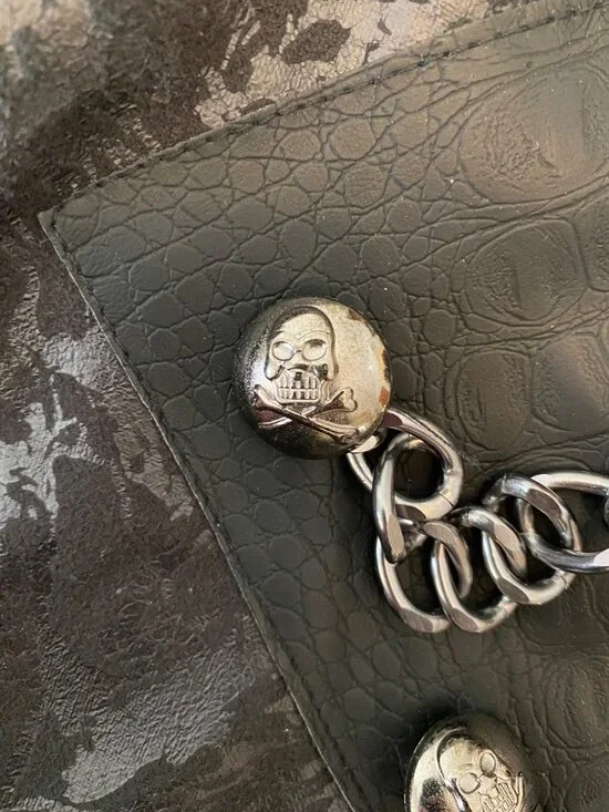 Spirit Halloween Black Costume Coat w/ Hood Skeleton Royalty Chains Bones Large - Picture 9 of 13